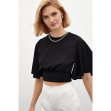 Sateen Kolyeli Kısa Kol Bluz - Siyah