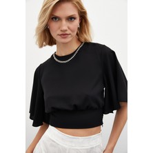 Sateen Kolyeli Kısa Kol Bluz - Siyah