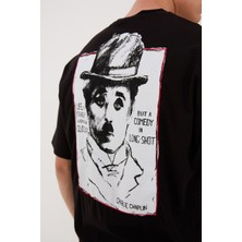 Lovely Store Charlie Chaplin Siyah Nakışlı Unisex T-Shirt