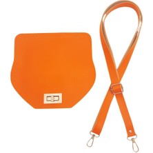 Angel Çanta Aksesuar Suni Deri 21X19 cm Kapaklı ve Ayarlı Saplı Çanta Seti Turuncu Renk Gümüş Metalli