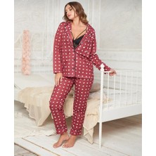 Moda Style Kalp Desenli Gömlek Yaka Düğmeli Uzun Kollu Pijama Takımı