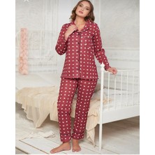 Moda Style Kalp Desenli Gömlek Yaka Düğmeli Uzun Kollu Pijama Takımı