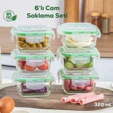 Porsima 6'lı Sızdırmaz Kilitli Kapaklı Yiyecek Erzak Saklama Kabı Seti - Cam Saklama Kabı - 320 ml Yeşil