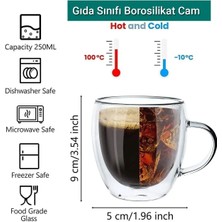 Octopus Bazaar Çift Camlı Çift Cidarlı Cam Kupa Ev Ofis Fincanı 250 ml Çift Katlı Isı Yalıtımlı Kulplu Cam Bardak