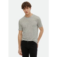 Ramsey Gri Çizgili Bisiklet Yaka %100 Keten T-Shirt