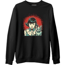 Lord T-Shirt Gizemli Cadılar Bayramı - Mistik Kız ve Maskot Kedi Siyah Erkek Kalın Sweatshirt