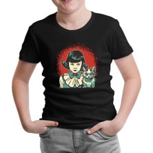 Lord T-Shirt Gizemli Cadılar Bayramı - Mistik Kız ve Maskot Kedi Siyah Çocuk Tshirt