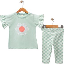 by BebekOdam Kız Çocuk Yeşil Çiçek Baskılı Kolları Fırfırlı Ekose Desenli Taytlı 2'li Takım