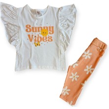 by BebekOdam Kız Çocuk Ekru Turuncu Sunny Vibes Yazılı Çiçek Baskılı Taytlı 2'li Takım