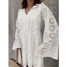 Nana & Mayka Moda Fistolu Püsküllü Pamuklu Yazlık Kadın Beyaz Mini Elbise 241-6007