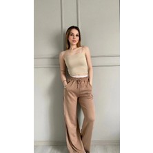 Hazelin Kadın Camel Cepli Beli Lastikli Kemer Detaylı Şeritli Bol Paça Model Eşofman Altı HZL24S-ZK13001