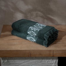 Green Black Hereke 2'li Yüz Havlusu Seti Krem Bordürlü Yeşil