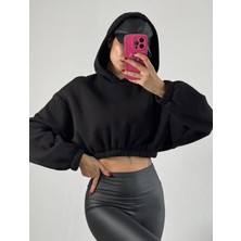 Minaaise Siyah Kapşonlu Geniş Kesim Şardonlu Crop Sweatshirt 26260