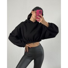 Minaaise Siyah Kapşonlu Geniş Kesim Şardonlu Crop Sweatshirt 26260