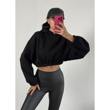 Minaaise Siyah Kapşonlu Geniş Kesim Şardonlu Crop Sweatshirt 26260