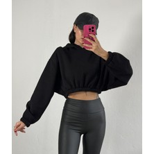 Minaaise Siyah Kapşonlu Geniş Kesim Şardonlu Crop Sweatshirt 26260