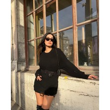 Minaaise Siyah Uzun Yırtıklı Oversize Triko Kazak 26031