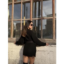 Minaaise Siyah Uzun Yırtıklı Oversize Triko Kazak 26031