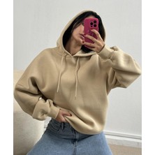 Minaaise Kum Beji Şardonlu Kapşonlu Oversize Basic Sweatshirt 26259