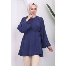 İmaj Butik Lacivert Balon Kol Beli Ipli Tunik