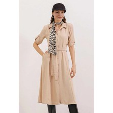 Hazelin Kadın Açık Krem Gizli Cepli Kuşaklı Viskon Gömlek Elbise Hzl24S-Bd124421