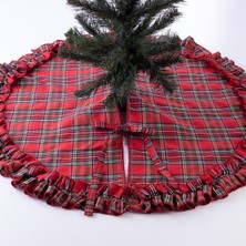 Bimotif Yılbaşı Çam Ağacı Örtüsü Pamuklu Ekose 90 cm Kırmızı Renkli Şık Süsleme