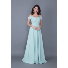 No48 Kayık Yaka Düşük Omuz Detaylı Askılı Maxi Boy Mint Yeşili Abiye Elbise