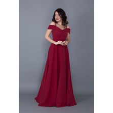 No48 Kayık Yaka Düşük Omuz Detaylı Askılı Maxi Boy Bordo Abiye Elbise