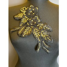 25X14 cm Altın Sarı Varaklı Siyah Güpür Aplike Dikiş Aksesuarı