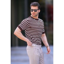 Madmext Kahverengi Bisiklet Yaka Çizgili Kısa Kollu Erkek T-Shirt 6884