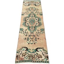 Burak Halı El Dokuma Eskitme Yolluk 75x240 Yeşil Kiremit Vintage Halı