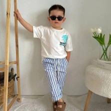 Miss Kids Erkek Çocuk T-Shirt ve Müslin Pantolon Mavi Çizgili alt Üst Takımı