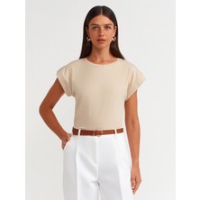 Dilvin 3504 Bisiklet Yaka Penye T-Shirt-Açık Bej