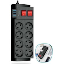 Etexy Buffer Isıya Dayanıklı Termal Akım Korumalı 2 Metre 16A 4000W 8li Priz ve 3 USB Li Uzatma Kablosu