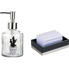 Store Kaktüs Desenli Cam Sıvı Sabunluk ve Akrilik Siyah Sabunluk