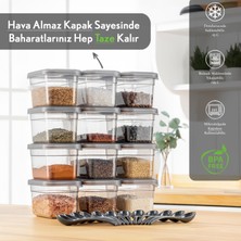 Meleni Home 12'li Sızdırmaz Kapaklı Kaşıklı Baharatlık Seti - Etiketli Baharat Saklama Kabı - 12 x 580 ml