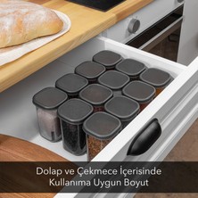 Meleni Home 12'li Etiketli ve Hava Almaz Kapaklı Baharatlık Seti - Baharat Saklama Kabı Gri - 12 x 350 ml