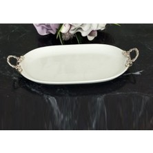 Caş Dekorasyon Kulplu Oval Porselen Sunum Tabağı Servis Tabağı SUNUMLUK-33X21 cm