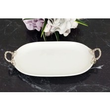 Caş Dekorasyon Kulplu Oval Porselen Sunum Tabağı Servis Tabağı SUNUMLUK-33X21 cm