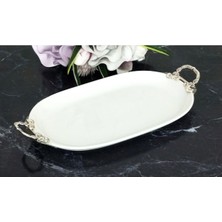 Caş Dekorasyon Kulplu Oval Porselen Sunum Tabağı Servis Tabağı SUNUMLUK-33X21 cm