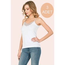 Teknoox Ince Askılı Yakası Dantel Işlemeli Pamuklu Kadın Beyaz Atlet 3 Adet