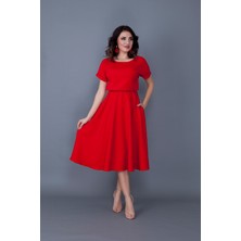 No48 Kırmızı Beli Lastikli Cepli Yarasa Kol Midi Boy Elbise