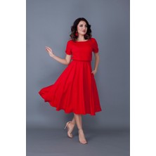 No48 Kırmızı Beli Lastikli Cepli Yarasa Kol Midi Boy Elbise