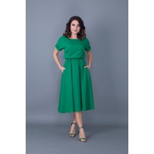 No48 Çimen Yeşili Beli Lastikli Cepli Yarasa Kol Midi Boy Elbise