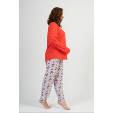 Kadın Büyük Beden Kırmızı Gri Kalpli Uzun Kollu Yuvarlak Yaka Oval Etek Pamuklu Pijama Takımıtamkalıp
