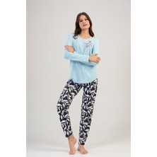 Kadın Mavi Uzun Kollu Yuvarlak Yaka Oval Etek Pamuklu Pijama Takımı Tam Kalıp