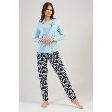 Kadın Mavi Uzun Kollu Yuvarlak Yaka Oval Etek Pamuklu Pijama Takımı Tam Kalıp