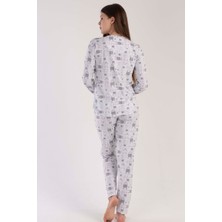Kadın Gri Uzun Kollu Yarım Düğmeli Yuvarlak Yaka Oval Etek Pamuklu Pijama Takımı Tam Kalıp