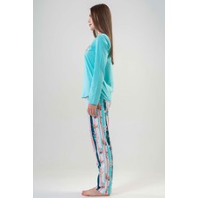 Kadın Yeşil Uzun Kollu Yarım Düğmeli Yuvarlak Yaka Oval Etek Pamuklu Pijama Takımı Tam Kalıp