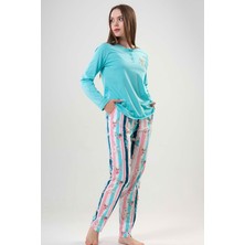Kadın Yeşil Uzun Kollu Yarım Düğmeli Yuvarlak Yaka Oval Etek Pamuklu Pijama Takımı Tam Kalıp